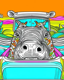 create a 2d colorful outline, "hippo driving tourist car coloring book for kids ", coloring cover, low details design, black contour, coloring cover design,safari background, colorful , card style, coloring cover for kids, colorful background