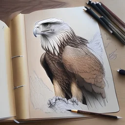 drawing in a sketch book of a realistic eagle.