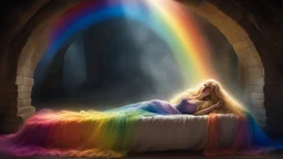 The princess, bound by ropes of shadowy magic, lies sleeping at the feet of the rainbow on the witch's bed, her golden locks cascading around her like a veil of sunlight. The vibrant colors of the rainbow arch overhead, casting a surreal glow upon the scene, a stark contrast to the darkness that surrounds her. The princess's face, usually radiant with life and laughter, now bears a look of peaceful serenity in her slumber, as if she is caught in a dream world of her own making. Her sapphire eyes