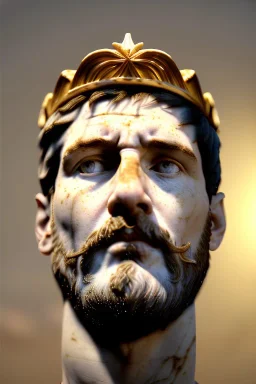 Realistic image, Roman sculpture made in white marble with gold veins, Lionel messi with gold laurel leaves crown, decorative star on the chest, waist up portrait, marble material, gold ornaments, Baroque style, sun rays background, epic, celestial, cinematic lighting, God lights, 4k resolution, smooth details, soft lighting, unreal engine 5, art station, substance 3d.