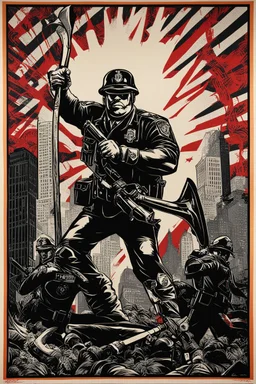 [Shepard Fairey] New York City police officers and firemen fighting giant spiders with axes