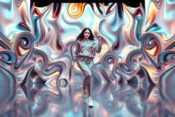 beautiful lady with todays modern clothing and sport shoes, in surreal stage made of 3d fractal random size recursive objects with helical strip colors in clothing similar to environment full body dancing to camera,animating background metallic random color and size recursive objects