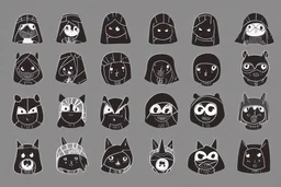 6 simple shaped hand drawn cartoon characters that are cute dark and have hoodies