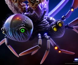  A beautiful capture of a biomechanical spider fruitbat squid hybrid, high key lighting, volumetric light, INSANE detail, robotic, cyberpunk, retrofuturism, vray, 8k 3d, biopunk, bio-organic surrealism, highly detailed matte painting, telephoto lens, smooth, perfect, earth orbit, directed by Quentin Tarantino