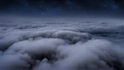 above looking down from space at the mist and clouds, surrounded by the mist at night starry sky. majority of the image is space