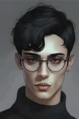 Short black hair, light skin, black turtle neck clothing, black round glasses, earrings, grey eyes, black eye shadow, man