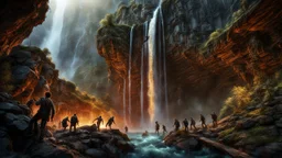 rotting zombies falling from the top of a 3.000 feet high waterfall. fantasy setting, horror. exquisite realism, a masterpiece, fantasy concept art, dynamic lighting, hyperdetailed, intricately detailed, deep color, Unreal Engine, volumetric lighting, Epic cinematic brilliant stunning intricate meticulously detailed dramatic atmospheric maximalist digital matte painting