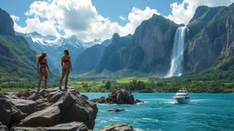 a picture of natural landscape that includes majestic mountains and a serene countryside. Additionally, incorporate details about a stunning, large waterfall that enhances the beauty of the scene. The output should be structured as a narrative, painting a clear image with rich, descriptive language that evokes the sights and sounds of this beautiful environment water fall falls to a big sea with modern ship in it.3 fullbody ladys in One Piece - Athletic Swimsuit,standing over rocks at hight