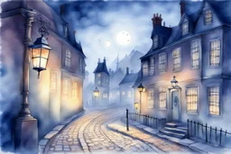 Prompt: a lantern glowing softly on a cobblestone street, mist swirling, with old Victorian houses lining the path, watercolor, mysterious, nocturnal