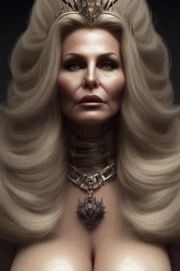 Jennifer Coolidge as evil queen in black leather, leather, busty, cleavage, angry, stern look. character design by cory loftis, fenghua zhong, ryohei hase, ismail inceoglu and ruan jia. unreal engine 5, artistic lighting, highly detailed, photorealistic, fantasy