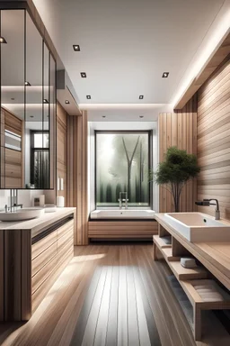 generate a modern master bathroom, with interior desing, wood, light and space