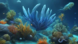 creatures, minerals, kyanite mines, from subnautica from deep sea, leviathan's a lot of sea plants very deep, beautiful, subnautica biom