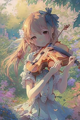 10cears child girl at garden playing violin anime manga, niji, colorful