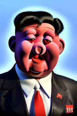 Waist up muppet Portrait, Kim Jong-un as muppet doll, black suit, photo studio, red background, unreal engine 5, concept art, art station, god lights, ray tracing, RTX, lumen lighting, ultra detail, volumetric lighting, 3d.