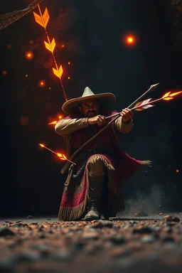 magic neon arrows flying, magic swirl, strong winds, true grit, Mexican native stand off fast draw poncho cowboy wizard on knees hurt punching fire ball whip while taking sight wand slinger, in dark cave ,bokeh like f/0.8, tilt-shift lens 8k, high detail, smooth render, down-light, unreal engine