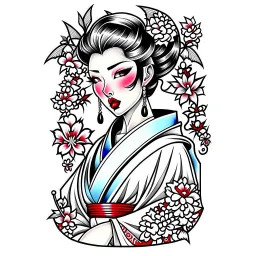 Tatto design Neotraditional style , Geisha with a Cherry Blossom Kimono, white background, tatto style,