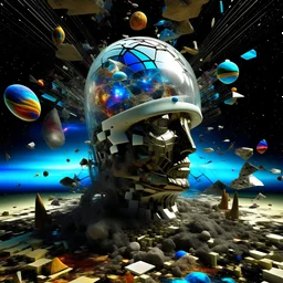 The world inside my head, a surreal glass fragmented expanding hollow head and face made up of cracked fragments floating/suspended, 3d, all the broken and cracked fragments drifting far away, inside the head is a spiral galaxy, nebulae, stars, expanding/moving away from each other suspended in the air, everything getting drawn back into the spiral in the background,a vast landscape inside the expanding mind, in the style of hieronymus bosch, fine oil painting, dutch master, , --ar 15:9 :