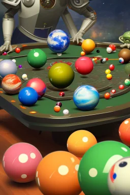 2 Aliens are playing pool and laughing. the balls on the table are planets. The main ball is planet earth. Background must not distract the main table. High resolution, 3d render and 8k