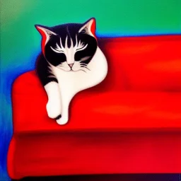 oil portrait of tricolor pattern Cat sleeping in a Red sofa by Monet 8k