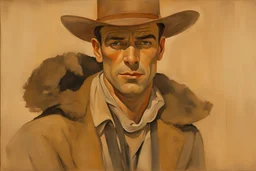Painting of Gary Cooper as a cowboy, in the Expressionist style of Egon Schiele and Franz Marc, in muted natural colors