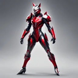 (((Full body and legs))). Digital illustration of futuristic character with armor, dynamic. Elegant metallic suit adorned with sharp angular lines, silver colors, black details, red stripe on the chest. Helmet with pointed cat design, cat ears, bright red cat eyes, exuding menacing presence. Stylized, abstract artwork, sketch-like quality, vibrant colors emphasize intricate details of the armor. Fondo ciudad Futuristic