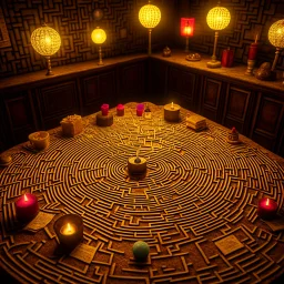 map of labyrinth birthday table, motion blur, 8k, downlight, soft light, depth of field, photorealism, trending on art station, lotsa detail