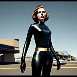 retro sci-fi portrait image from 1960, supermarket parking explosion, young Scarlett Johansson, classic black tight lycra latex suit, gold bracelet and belt, soft color, highly detailed, unreal engine 5, ray tracing, RTX, lumen lighting, ultra detail, volumetric lighting, 3d, finely drawn, high definition, high resolution.