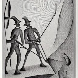 hand drawn in single line by Nicolai Blatter with hatch with parallel wavy lines metal engraving representing the Adventures of Don Quixote de la Mancha in bosch style or salvador dali style