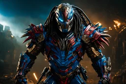 Predator in a mega cool iron super blue + Red suit with on his arms and shoulders, hdr, (intricate details, hyperdetailed:1.16), piercing look, cinematic, intense, cinematic composition, cinematic lighting, color grading, focused, (dark background:1.1)