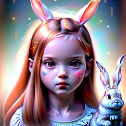 #Leonardoai Alice , photorealistic ,pop surreal , lowbrow art , enchanting portrait of a cute little girl , wearing rabbit ears , and drinking tea , together with a white rabbit , sweet , magical , cosy warm light , whimsical, alluring , dazzling ,, expressive