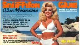 SNIFFIN’ GLUE magazine high res photo cover by Russ Meyer: special issue #42 on pull-up thick diapers, seen from bellow, guest star: blonde Sally knows that there were incontinent women like herself with large busts out on the beach and she is missing adult ultra thick pull-up diapers with the matching bras. Her concept is to pair diaper designs with bra designs, specifically themed for outdoor wear and surfing.