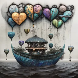 Abstract mixed media kintsugi art in intricately detailed and textured Seth Apter, Ernst Haeckel, Peter Wileman and John Hoyland style: "Fishing flying mantarays, fisherboat carried by heart-shaped balloons, overgrown with foliage and dangling vines, in an enchanted, magical, misty caribbean seascape, with colourful Yayoi Kusama textures, rainbow bubbles, in the clouds." Contemporary Art, incorporating collage and graphic shapes, with figurative and enchanted, mystical elements. By Susanne.