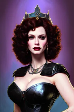 painting of christina hendricks as evil queen in black leather, feminie, angry, volouptous, busty, cleavage, emperious, mature, highly detailed, digital painting, artstation, concept art, smooth, sharp focus, illustration, art by gaston bussiere and alphonse mucha