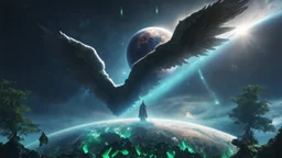 matrix universe, space, planets, god creation, angels from other dimensions with beautiful wings, trees on the planet, behind green crystals of light, few tiberium monolith deposits on the planet near tree,