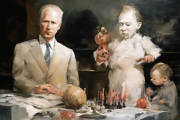 Putin, President Xi Of China And Joe Biden Play Chess With Atomic Bomb Mushroom Cloud,Complex Surgical Instruments Intermixed With A Newborn Boy,Minimalism,Painting By Adrian Ghenie,Rene Magritte,Pablo Picasso,Michelangelo,Salvador Dali,Lucian Freud