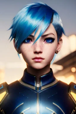 Cyborg anime warrior, light blue hair, short and messy hairstyle, pierced ears, round ears, golden eyes, waist up portrait, 8k resolution, intricate details, ornate details, soft lighting, vibrant colors, retroanime, masterpiece, intricate eyeliner, dark eyeshadow, eyes, intricate tattoos, futuristic cityscape background