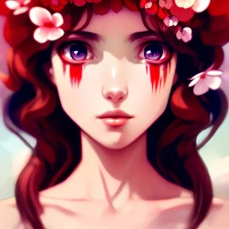 Closeup face portrait of a red girl wearing crown of flowers, smooth soft skin, big dreamy eyes, beautiful intricate colored hair, symmetrical, anime wide eyes, soft lighting, detailed face, by makoto shinkai, stanley artgerm lau, wlop, rossdraws, concept art, digital painting, looking into camera