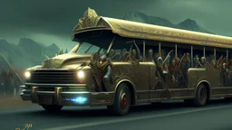 the funeral buss driving on the freeway, angry orcs, perfect composition, hyperrealistic, super detailed, 8k, high quality, trending on artstation, studio photo, highly detailed, wide borders