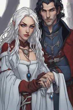 A couple, from the dnd game curse of Strahd. The woman has long white hair and blue eyes, the man has LONG BLACK hair and red eyes, no facial hair.