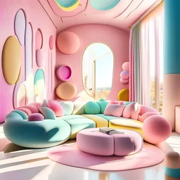 a photo of a gorgeous modern colorful soft interior with pink modular sofa, round shapes, pastel colors, bright interior, sunlight --ar 2:3