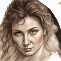 dibujo en grafito realista de rostro mujer 35 años piel blanca nariz prominente aguileña narigona gordita curvy chubby thick bbw pelo rojo suelto ojos abiertos frente primer plano contrapicado rasgos definidos boca cerrada