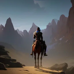  mountains with medieval knight in armour traveling on a horse in the background