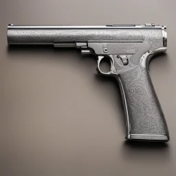 exotic silver plated Colt .45 handgun engraved with pagan runes, extended magazine, Mahony butt resembling a small sledge hammer,