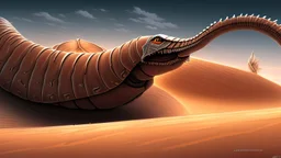 In the desert in the dunes a large sandworm full screen, concept art