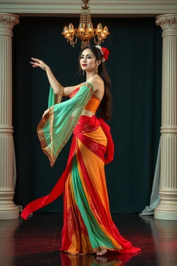 lady in azeri dance custum change clothing color to cyan and red fullbody shot standing in a pretty stage