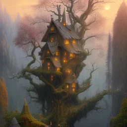 valley, fairytale treehouse village covered,, matte painting, highly detailed, dynamic lighting, cinematic, realism, realistic, photo real, sunset,detailed, high contrast, denoised, centered, michael whelan