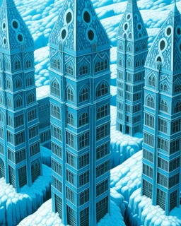 Cyan towers covered in ice and snow designed in German folk art painted by MC Escher