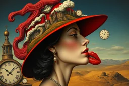 A surreal portrait of a woman in profile with a red wide-brimmed hat, in Dalí’s surrealist style. The hat morphs into flowing landscapes, clocks melt in the background, and the lips float as a separate surreal element. Dreamlike and bizarre with high detail. --v 7 --ar 2:3 --style raw --hd --q 2 --uplight --chaos 20
