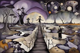 face to the camera in midle one alone human figure with a big map his hands in weird whimsical clothes stands on thin weird bridge , weird whimsical landscape, forest, and Sahara water and rocks,, around surreal cracked painted weird land with some black doors. dark purple, gray, black, white, brown. Whimsical style of Chagall , of Minjae Lee and Tim Burton, absurd beauty. broken, weird bizarre absurd, nightmare, neuron network background, surreal vibe