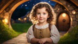 little young hobbit girl toddler, beautiful, confident, calm, wise, happy, innocent, facing camera, head and shoulders, curly hair, hobbit clothing, perfect eyes, LOTR village, hobbit homes with circular windows and circular doors, night scene, stars, fireflies, 16k artistic photography, exquisite composition, photorealistic concept art, soft natural volumetric light, chiaroscuro, award-winning photograph, masterpiece, style William-Adolphe Bouguereau